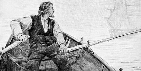 Blyant-teikning av Terje Vigen i båten på veg frå Danmark, han snur seg og ser det engelske krigsskipet i bakgrunnen. Teikna av Christian Krogh